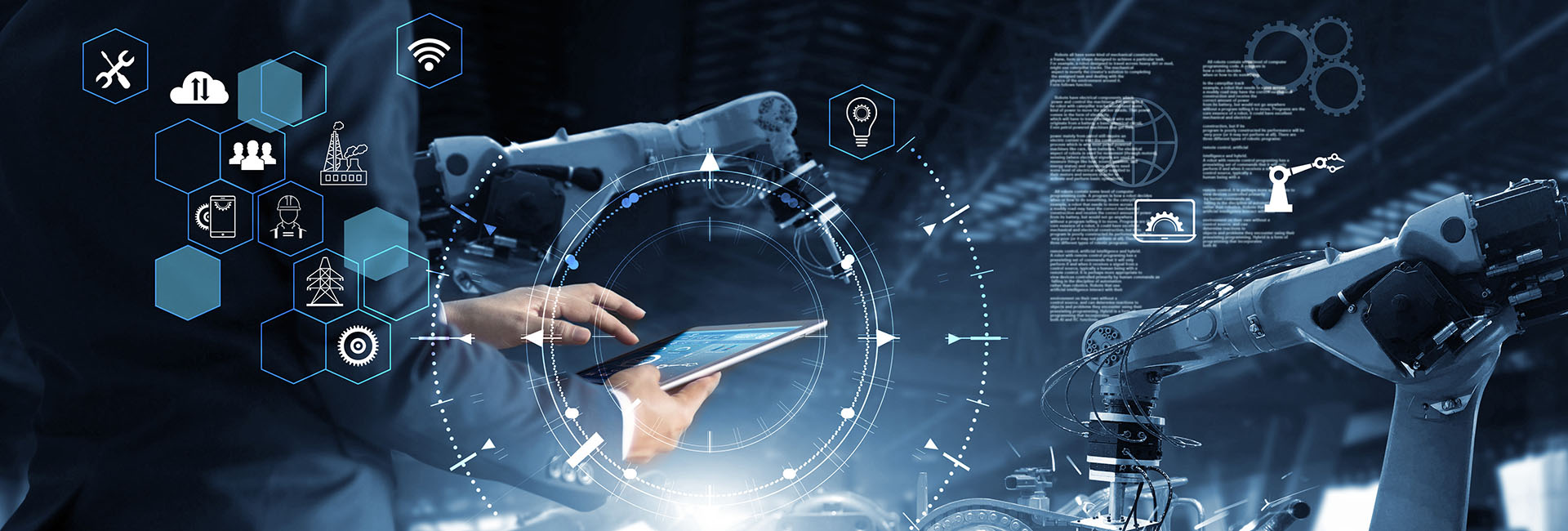 In einem modernen Umfeld nutzt ein Mann ein Tablet, umgeben von Symbolen für Technologie und Industrie, während ein Roboterarm arbeitet.