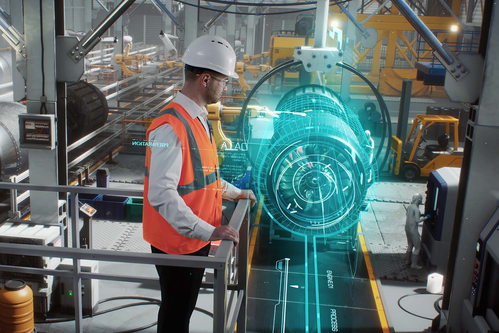 In einer hochmodernen Fabrik untersucht ein Ingenieur eine schwebende, digitale Darstellung einer Turbine, um Daten zu überprüfen.